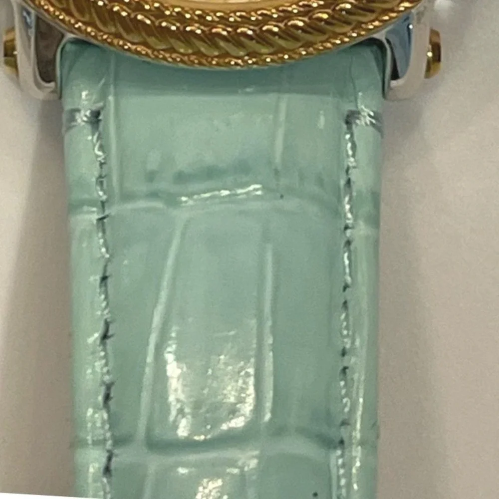 Judith Ripka Turquoise Dial Gold Tone Rope Bezel Croco Leather Strap Watch